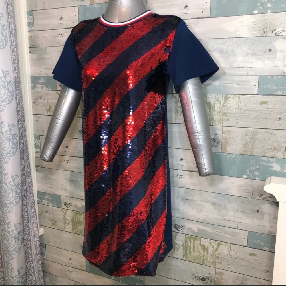 NWT Flag Blue/Red TOMMY HILFIGER Sequin Short Sleeve Dress, girl size XL(16)